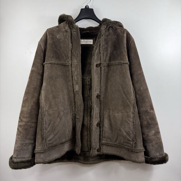 Jones New York Jackets & Blazers - Vintage Jones New York Sport Brown Suede Faux Fur Coat Large Hooded Penny Lane
